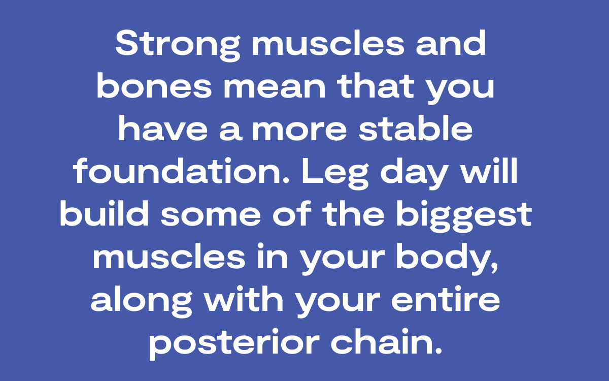 Strong muscles and bones mean that you have a more stable foundation. Leg day will build some of the biggest muscles in your body, along with your entire posterior chain. 9.28 Blog